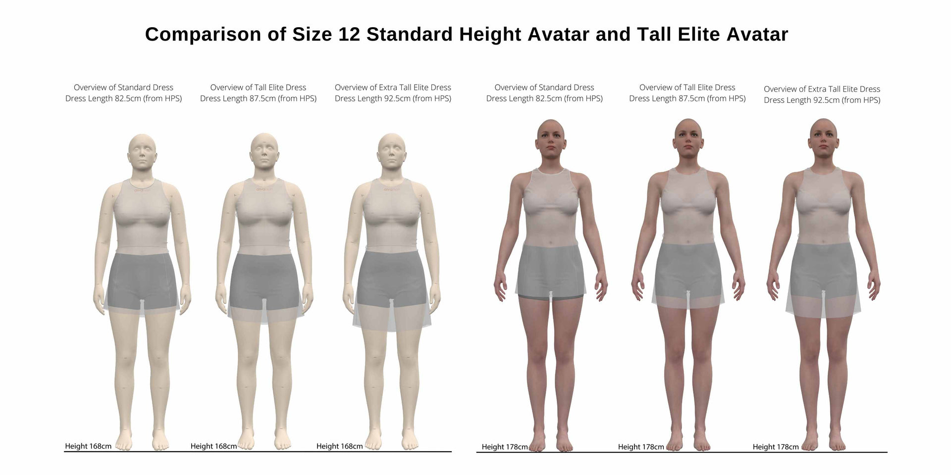 Comparison of Size 12 Standard Height Avatar and Tall Elite Avatar (Women)