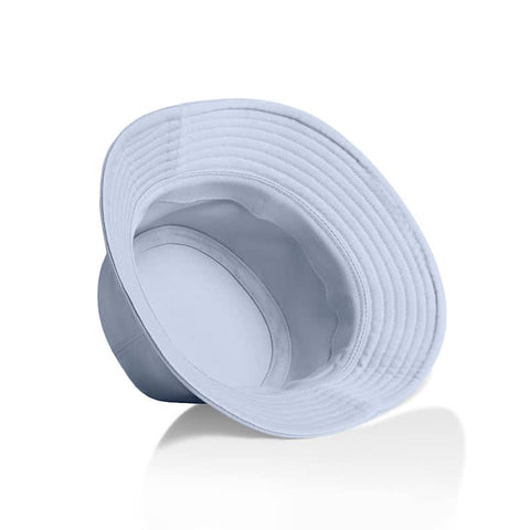 A blue bucket hat with a wide brim and a soft inner lining. It features a logo on the exterior.