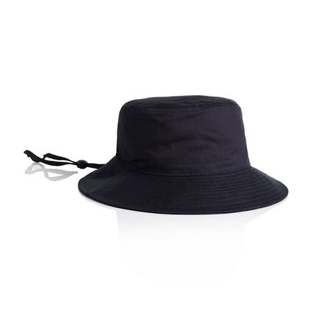A wide-brim bucket hat in black, featuring a drawstring for adjustable fit and a simple design.