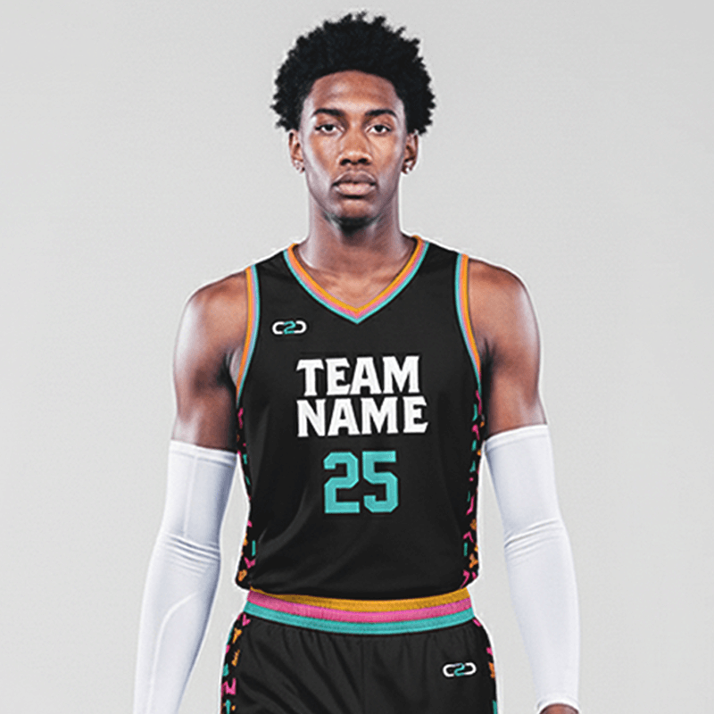 Person wearing a black basketball jersey with 'TEAM NAME' and number '25' on a gray background